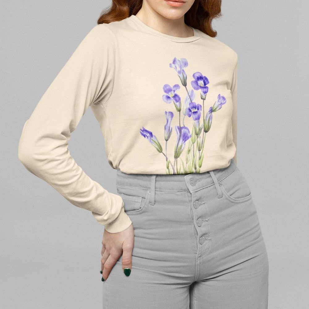 Fringed Gentian Vintage Floral Print Long Sleeve Graphic Tee T-shirt S M L XL